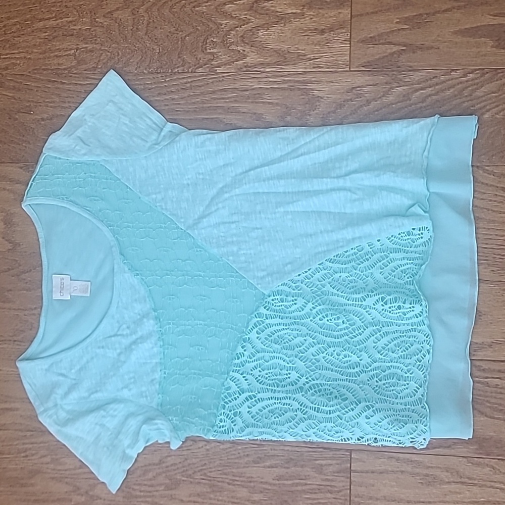 Chico’s size 0 (4, Small) Crochet, Lace Mint Green T-Shirt / Top